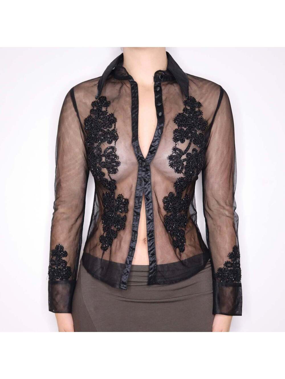 90s Italian Brand Beaded Black Mesh Blouse (M)